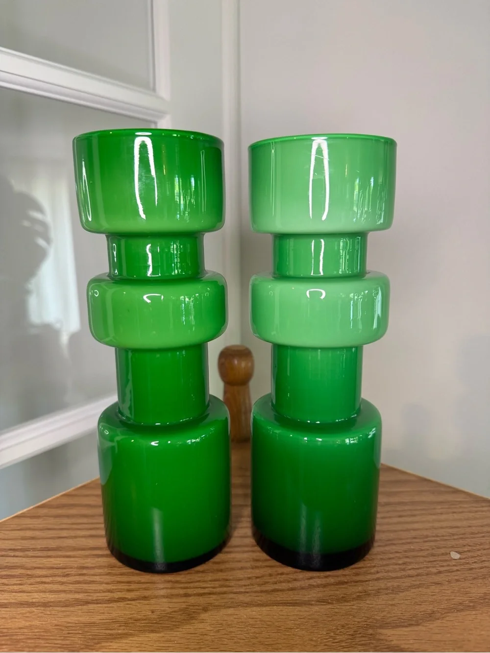 West Elm Green Glass Sculptural Decor/Vase/Candle Holder - Pair